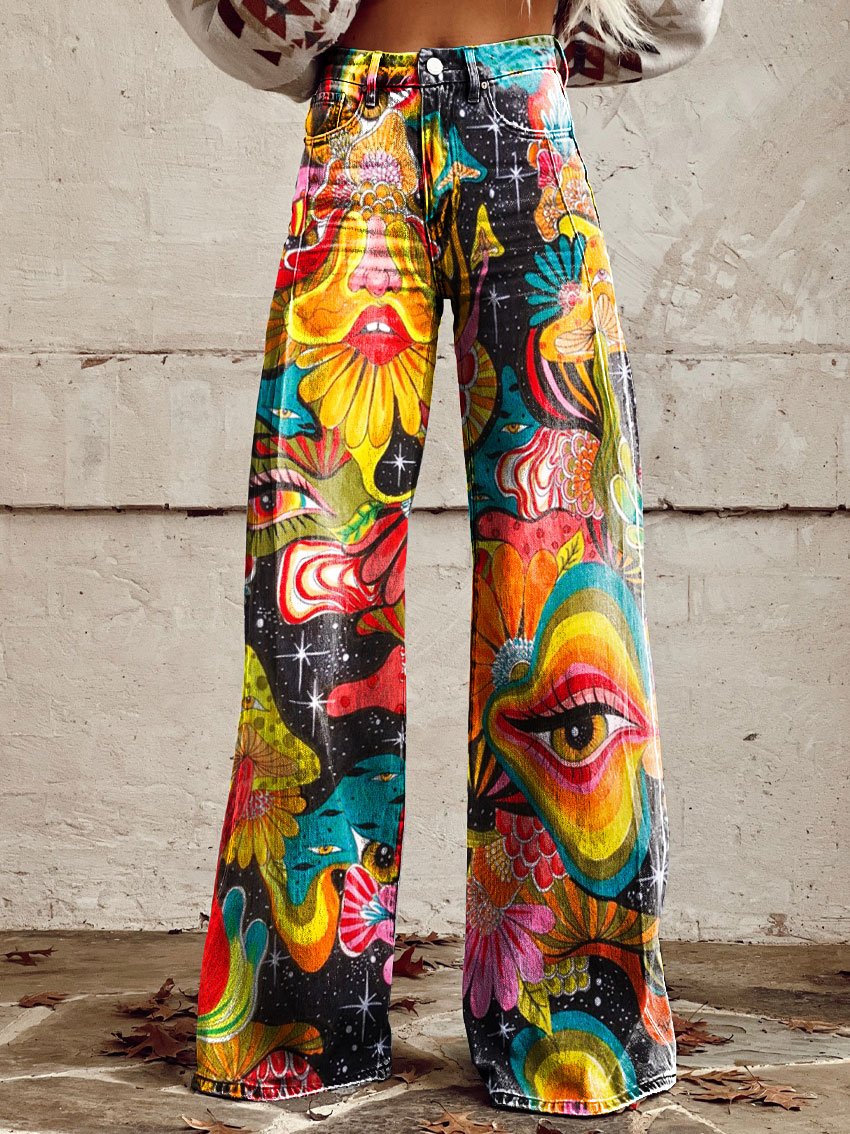 Rainbow Art Print Wide Leg Pants