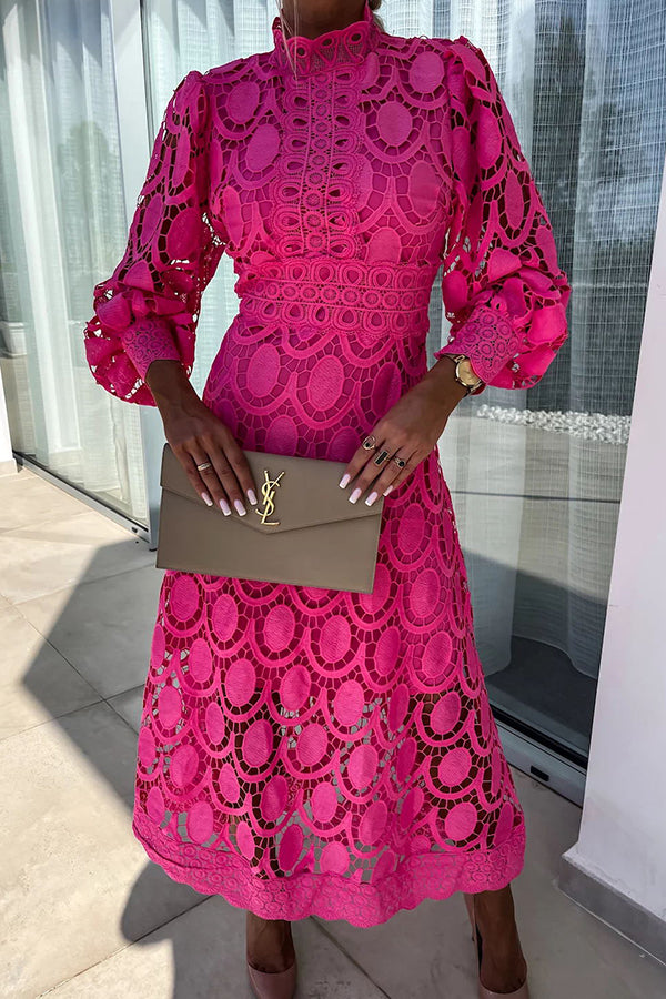 Elegant Puff Sleeves Dress with Lace Detail